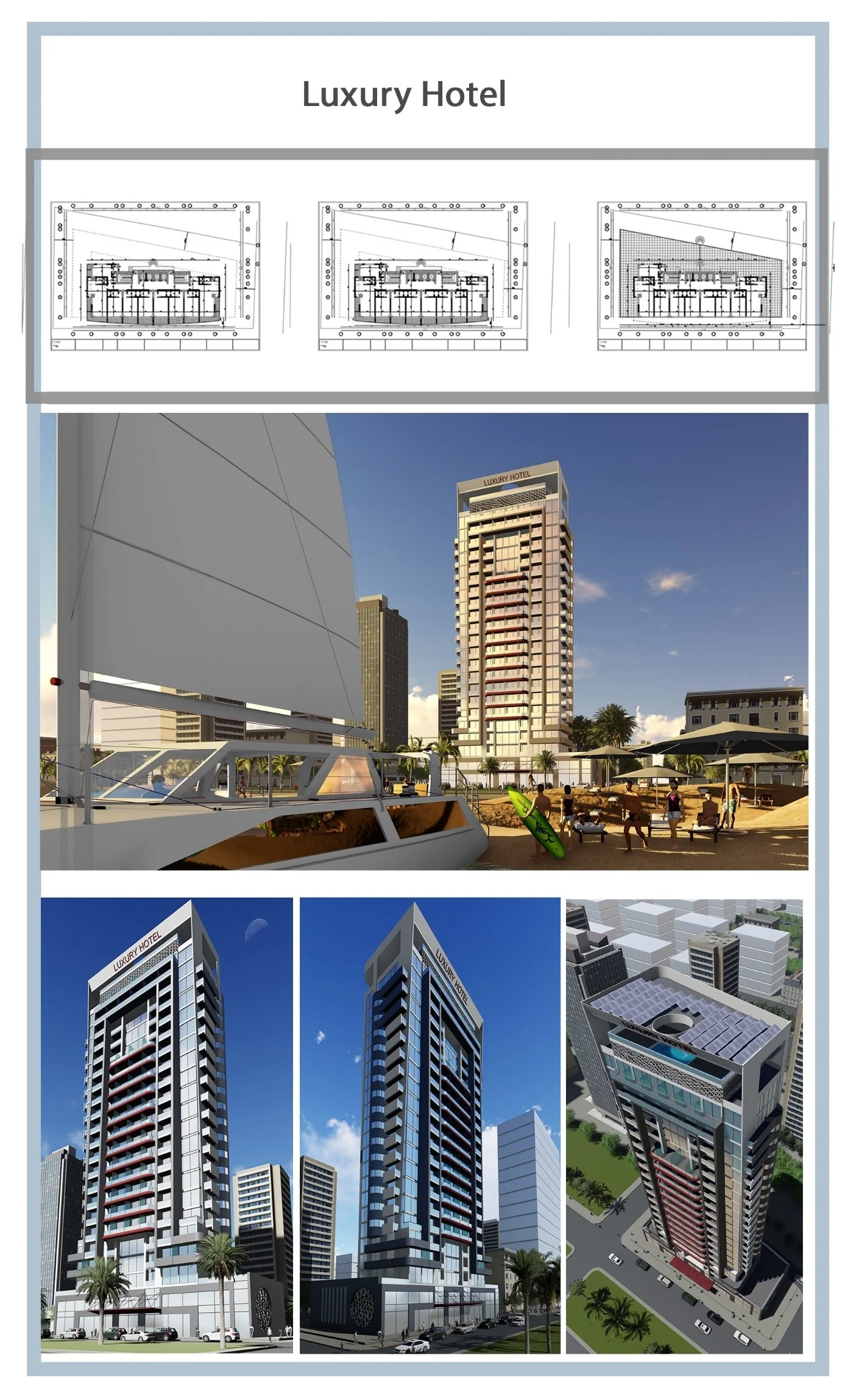 Portfolio board for Luxury Hotel with plans and exterior perspectives